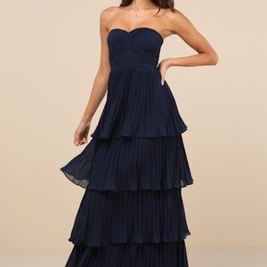 Lulus Seriously Sensational Navy Blue Strapless Tiered Maxi Dress - Size S